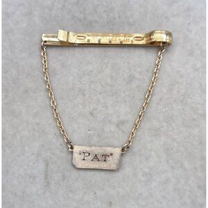 Vintage Gold Tone Tie Bar Clip With Chain & "Pat" Nameplate Engraving
